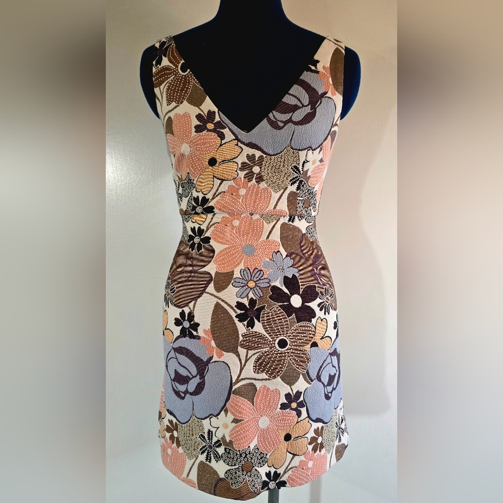 Woven floral pattern dress, low back, cream/brown/pink/blue, Zara size Small